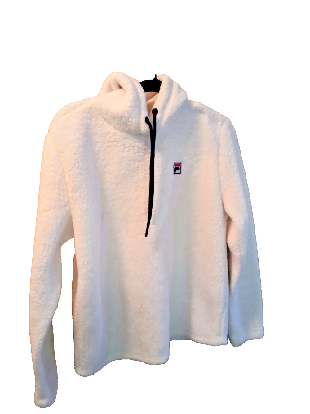 FILA WHITE NAVY FUZZY COZY HOODIE LONG SLEEVE DRAWSTRING EMBROIDERED LOGO SIZE S